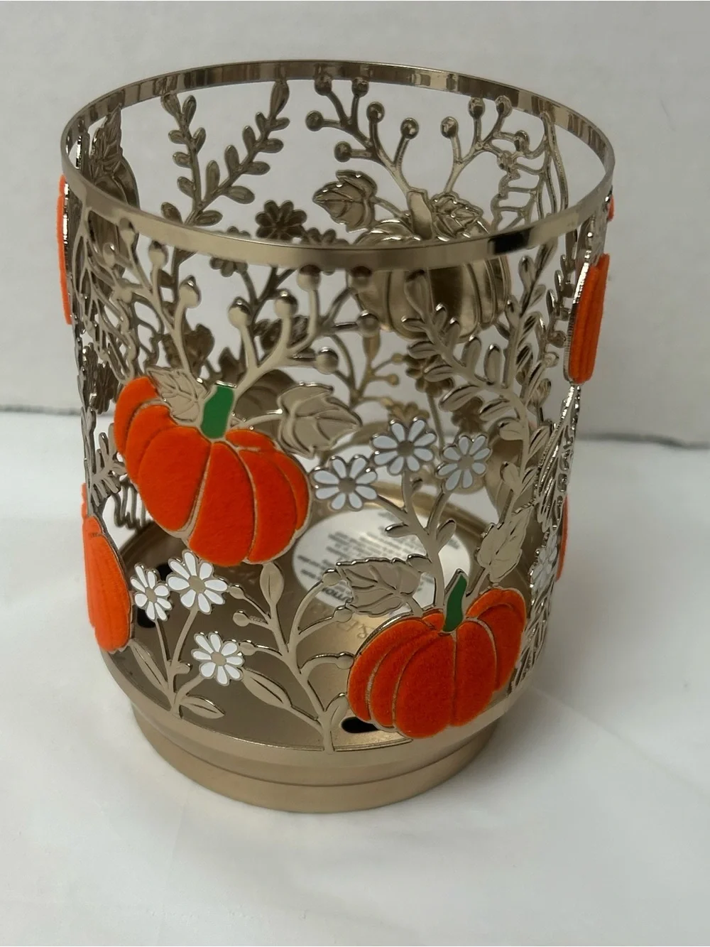 Bath & Body Works Candle Holder Gold Tone Flocked Pumpkins Halloween